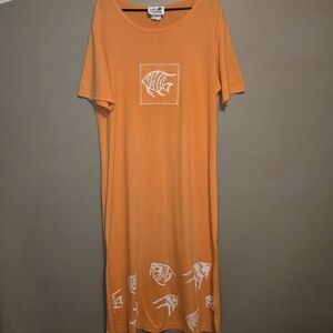Vintage 90s Copa Cabana Orange Maxi Dress Made in USA Hand Painted Fish Size XL